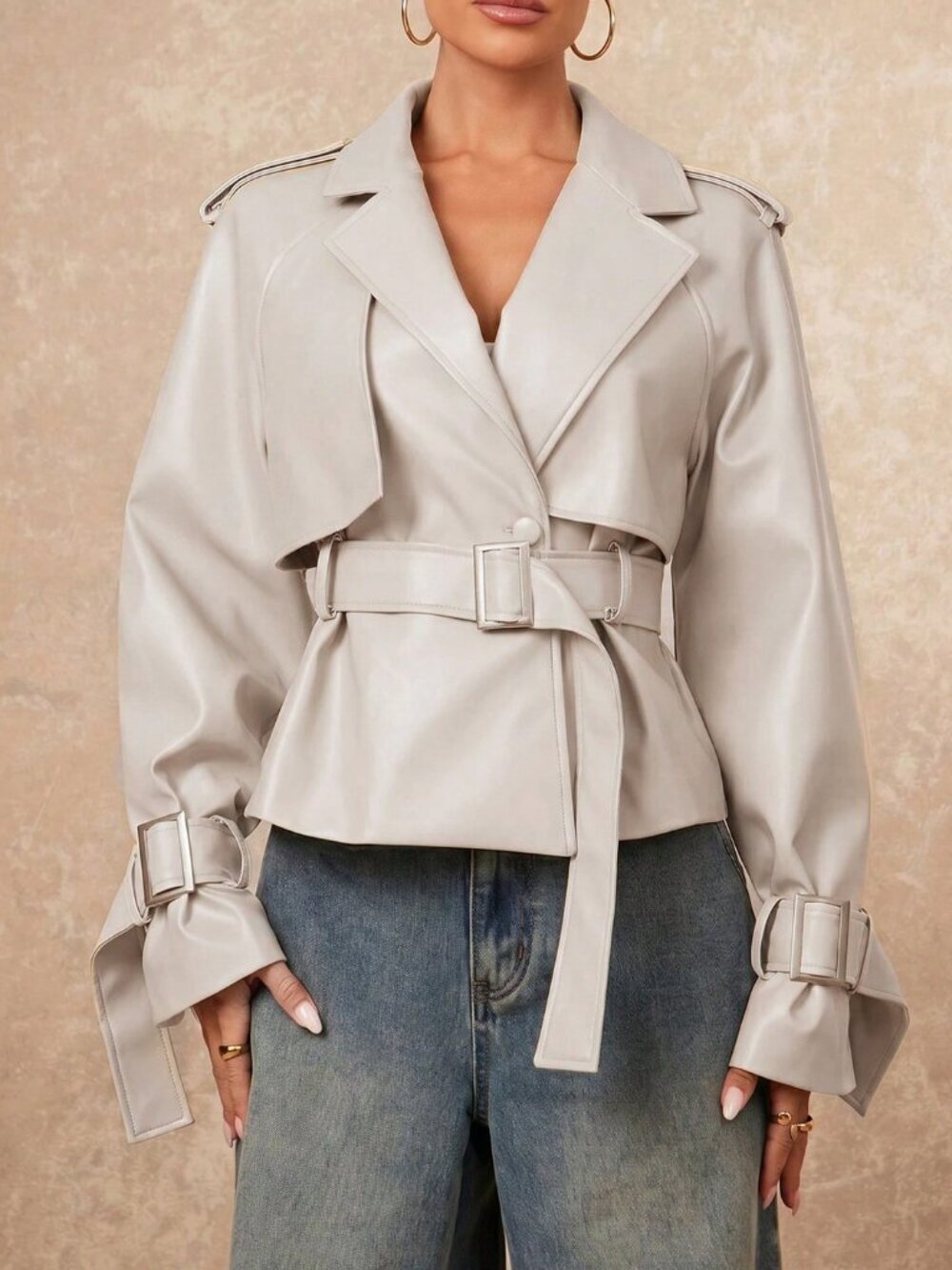 Casual Women's Front Button belted Lapel faux leather Coat